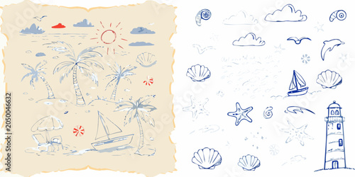 Billede på lærred Summer beach scene and marine life hand drawn vector illustration collection