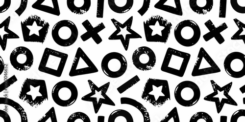 Black and white geometric pattern with circles squares triangles and stars