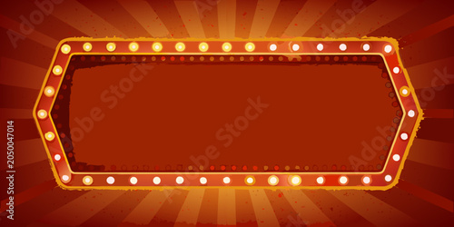 Retro marquee sign frame with glowing yellow lights and radial background