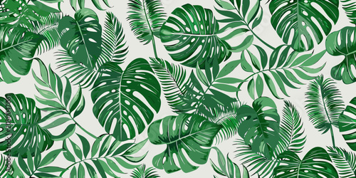 Tropical leaf pattern with monstera and palm fronds vector illustration