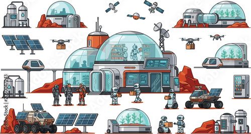 Принти на полотні Mars colony base space exploration vector element pack featuring futuristic dome habitats astronauts rovers solar panels and scifi technology illustrations