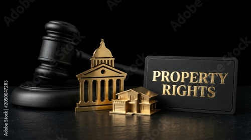 Property rights legal concept with judge gavel, gold house model and courthouse icon, real estate law and ownership legislation on black background