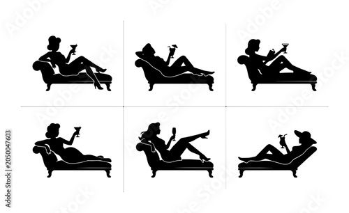 Schilderij op canvas Elegant Silhouette Women Poses, Reclining on Chaise Lounge with Cocktails, Vinta