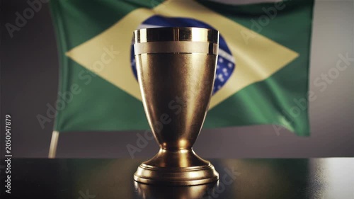 Golden trophy cup on a table with the Brazilian flag in the background. 4K Video