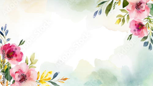 Elegant pink watercolor floral frame with pastel background and copy space for wedding invitations