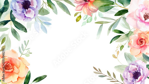 Elegant watercolor floral frame with peach and purple flowers and copy space for wedding invitations