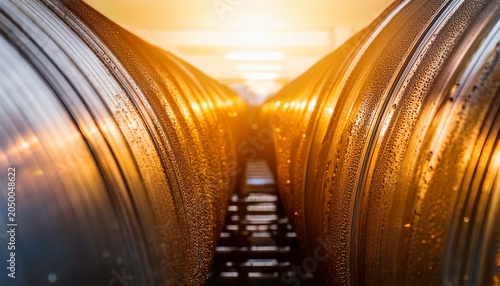 massive industrial pipes with water droplets glisten in warm glowing tunnel symbolizing infrastructure and engineering marvels