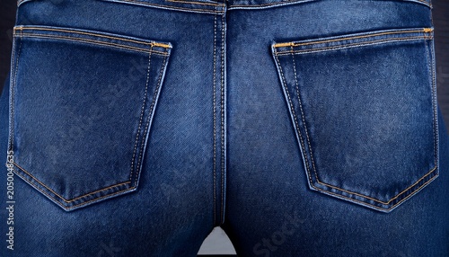 back side of dark blue jeans with symmetrical pockets textured textile background
