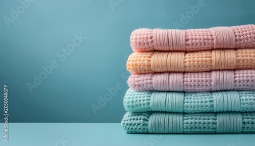 stack of colorful knitted pastel towels on a blue background