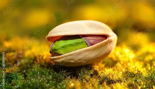 vibrant green pistachio nut in opened shell on mossy gold background