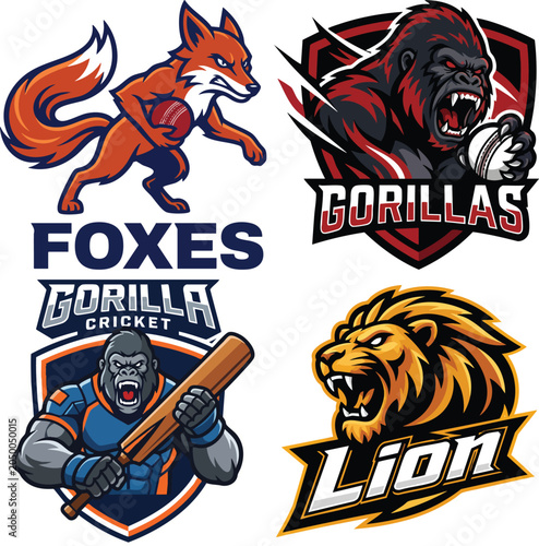 Sports team mascot logos foxes gorillas and lions for cricket and athletics