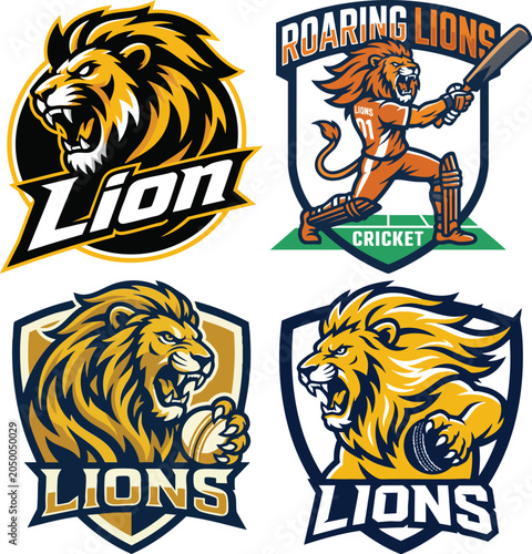 Lion sports mascot logos collection cricket teams and branding elements