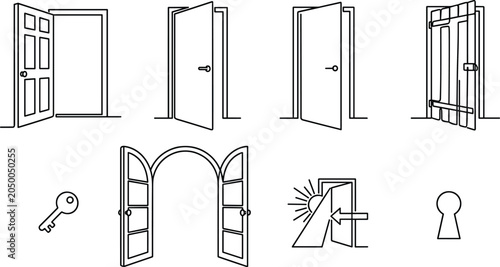 Foto Door and Entryway Line Art Icon Collection Featuring Open Doors, Archways, Keys,