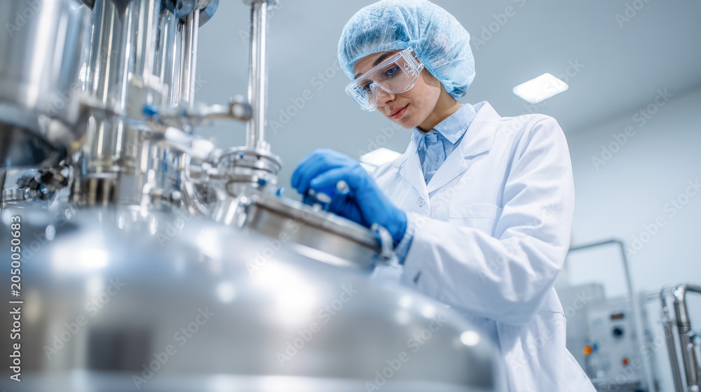 Naklejka premium Laboratory technician inspects stainless steel reactor tank in biotechnology setting