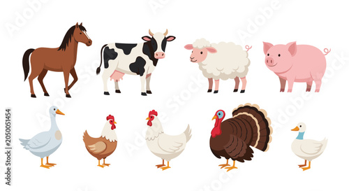 Tableau sur toile Collection of diverse farm animals including a horse, cow, sheep, pig, goose, chicken, and turkey on white background
