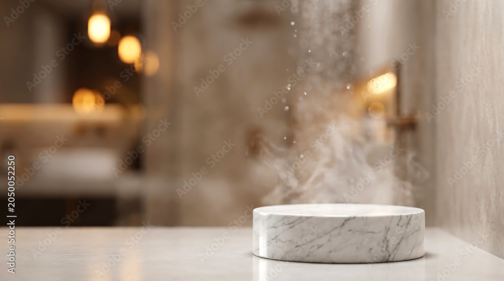 Fototapeta premium Round marble pedestal in modern bathroom with falling water for fresh cosmetic and skincare mockup display.