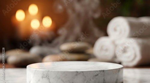 Marble product podium with rolled towels and zen stones for massage and aromatherapy beauty mockup display.