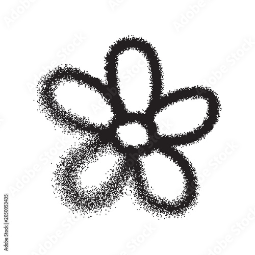 Black and white icon of flower. Hand-drawn graffiti-style blossom symbol isolated with spray paint effect and aerosol painting texture for Women's Day, spring, summer, holiday cards and branding