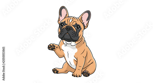 Tableau sur toile Cute tan and black French Bulldog puppy sitting and raising its paw in a friendly greeting on a solid white background
