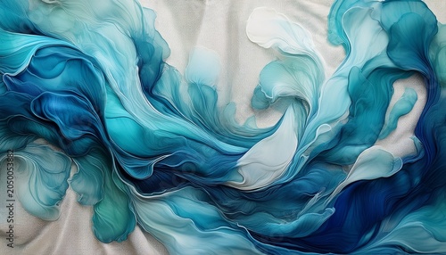 abstract organic swirls of indigo and teal dyes blend softly on a linen canvas creating a calming painterly effect soft calm