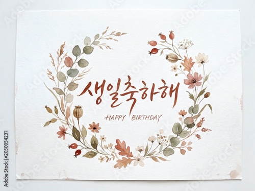 가을 웜톤 수채화 보태니컬 리스 한글 생일축하해 캘리그라피 카드