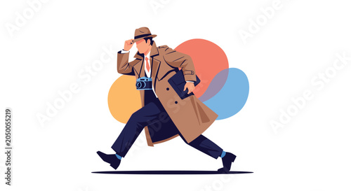Fotografie Secret agent detective in a classic brown trench coat and hat running quickly with a camera and briefcase in hand