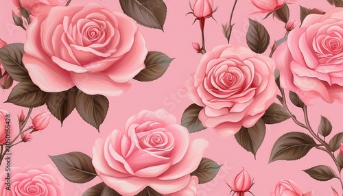 pastel pink background with a seamless pattern of blooming pink roses pretty beautiful