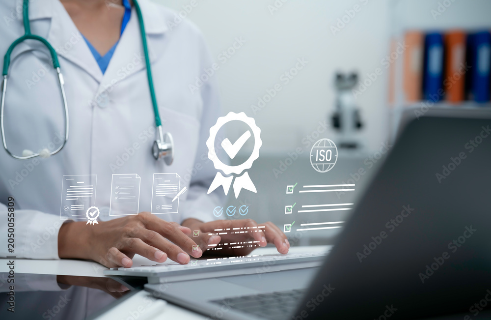 Fototapeta premium Healthcare certification and quality compliance assessment with medical accreditation standards patient safety verification clinical auditing professional excellence and regulatory approval