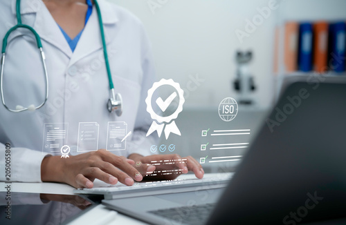 Fotografija Healthcare certification and quality compliance assessment with medical accredit