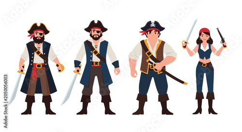Quadro su tela Collection of four diverse pirate characters including captains and crew members armed with swords and a pistol