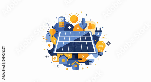 Solar Energy and Renewable Power Concept Illustration with Photovoltaic Panel, Battery, and Green Living Icons on White Background
