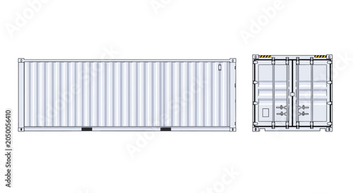 Industrial white shipping container shown from side and front view perspectives for logistics and global trade concepts.