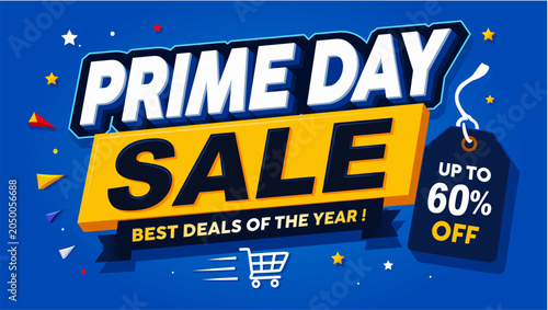 Prime Day Sale Banner Template with Bold 3D Typography, Discount Tag and Shopping Theme, Modern Flat Vector Promotion Design.