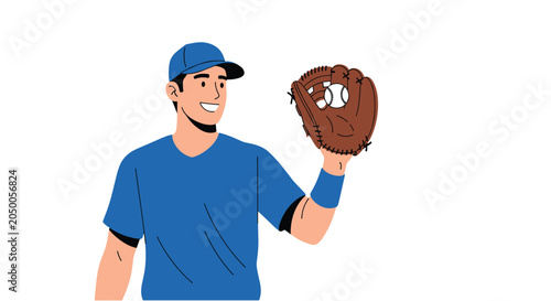 Konstfotografi Young baseball player in a blue shirt and cap smiling while looking at a ball caught in his brown leather glove