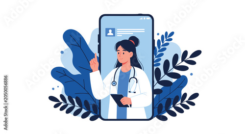 Telemedicine illustration featuring a female doctor appearing on a mobile phone screen to offer remote medical consultations.