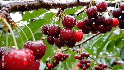 Red cherries clustered on branch with green leaves highlighting natural growth, farm freshness and healthy produce.