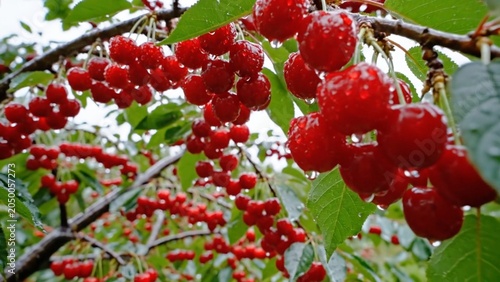 Cherries growing naturally on tree in farm setting representing organic farming, agriculture and fresh fruit harvest.