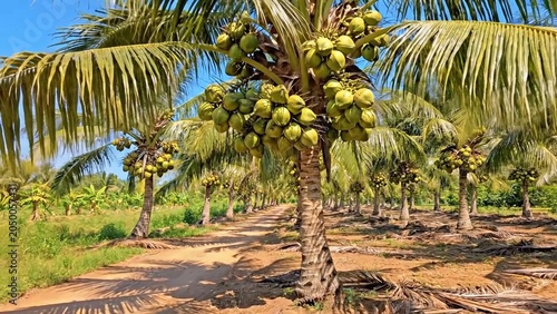 Close view of green coconuts on tree surrounded by palm leaves highlighting freshness, natural growth and organic farming.