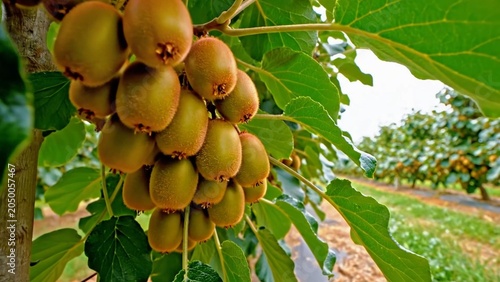 Close view of kiwi fruit bunch on branch surrounded by green leaves highlighting natural growth and farm freshness.