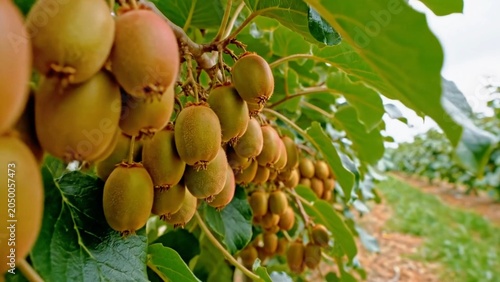 Kiwi plantation with fruits ready for harvest representing agriculture, fruit cultivation and seasonal farming.