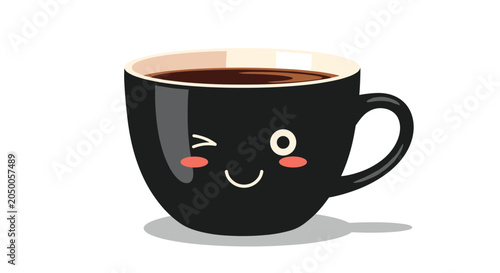 Charming black coffee mug with a winking happy face and rosy cheeks, perfect for adding a touch of personality to drinks.