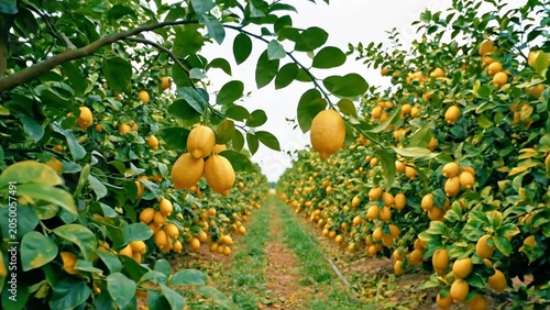 Bright yellow lemons hanging on branches in a lush citrus orchard, showcasing natural farming, fresh harvest, and organic fruit cultivation.
