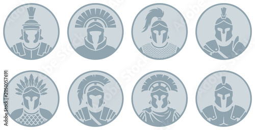 Tableau sur toile Set of eight circular icons featuring ancient Roman and Greek warrior helmet designs