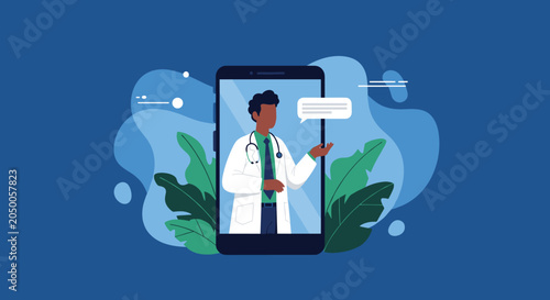 Telemedicine concept with a male doctor providing virtual medical help on a smartphone screen set against a leafy blue background.