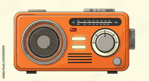 Cuadro en lienzo Classic retro orange radio with a large speaker and tuning dials isolated against a soft yellow background for vintage style