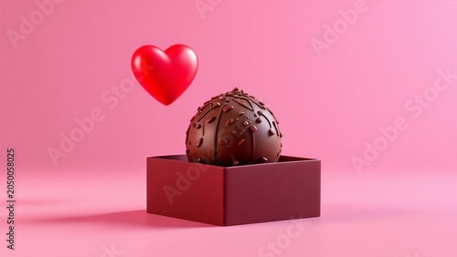 Delicious round chocolate truffle candy inside a red gift box with a floating glossy heart on pink background valentine day