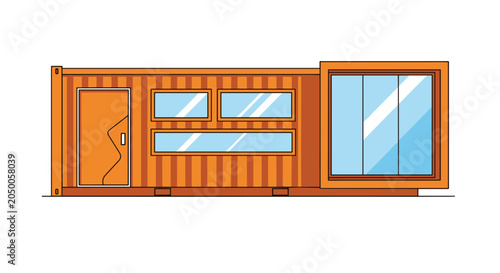 Modern sustainable container home with an orange-brown exterior featuring a glass sliding door and several small windows.