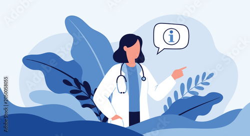 Professional female doctor in a white coat gesturing towards a speech bubble with an info icon for medical guidance.