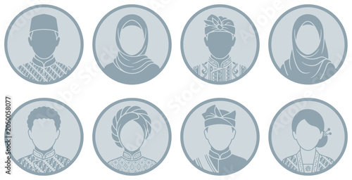 Foto Set of diverse Indonesian traditional clothing avatars representing different cultural backgrounds and ethnic groups