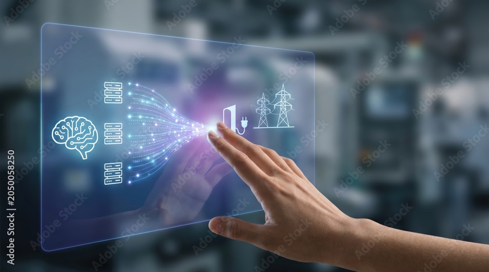 Fototapeta premium AI infrastructure buildout - A hand interrupts an AI-powered data flow at a power grid bottleneck, emphasizing control and minimalism in a clean, modern interface.